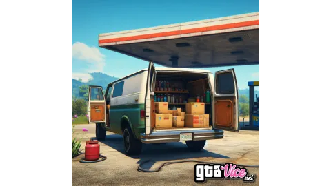 A van with open doors at a gas station concept art (AI Generated By Psy)