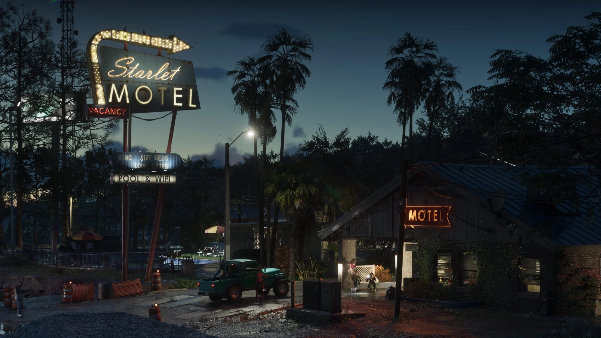The outside of a motel in Port Gellhorn with the vacancy sign lit up at night. The outside of a motel in Port Gellhorn with the vacancy sign lit up at night.