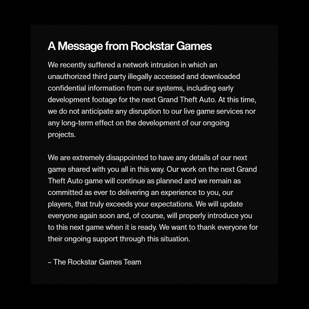 Rockstar GTA VI Leak Official Statement Rockstar GTA VI Leak Official Statement